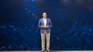 Cisco CEO Chuck Robbins pictured on stage during the Cisco Live 2024 opening keynote presentation.