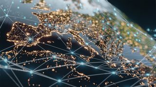 Map of Europe concept art showing digitized continent with connections linking data center providers at various different cities.